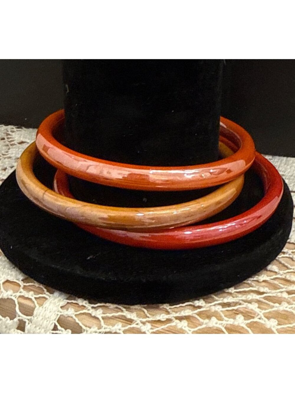 Vintage Ceramic Bangle Bracelets - Set Of 3 In Red Orange & Amber Hues - Retro S